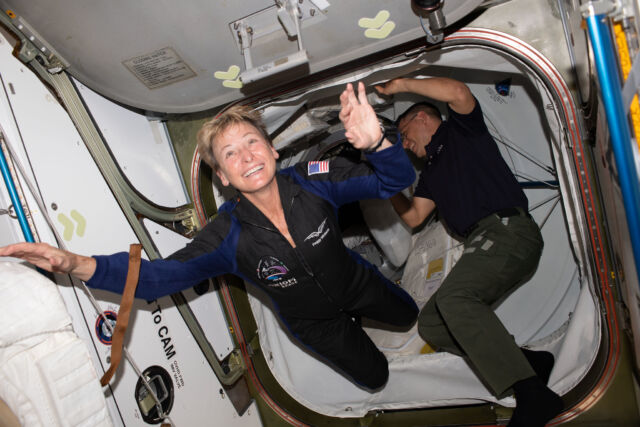 Peggy Whitson, a former NASA astronaut and now an Axiom employee, floats into the International Space Station in May. She commanded Axiom's second private astronaut mission with two Saudi government astronauts and one fare-paying commercial astronaut.