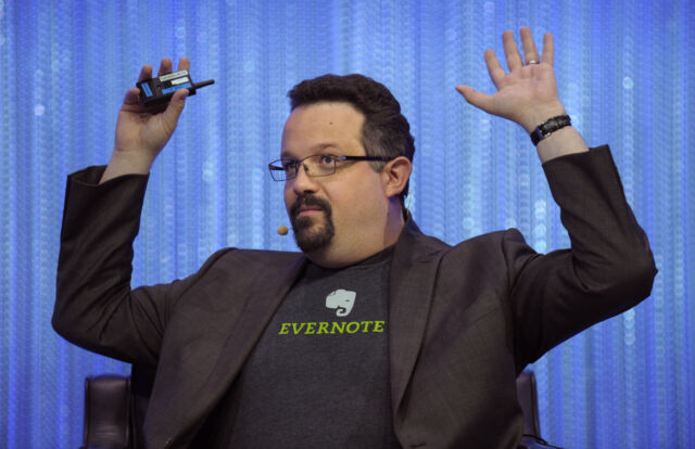 Evernote CEO Phil Libin, onstage at LeWeb 2013. Libin oversaw the company at its most ambitious, hitting a more than $1 billion valuation and expanding into apparel, notebooks, and luggage deals.