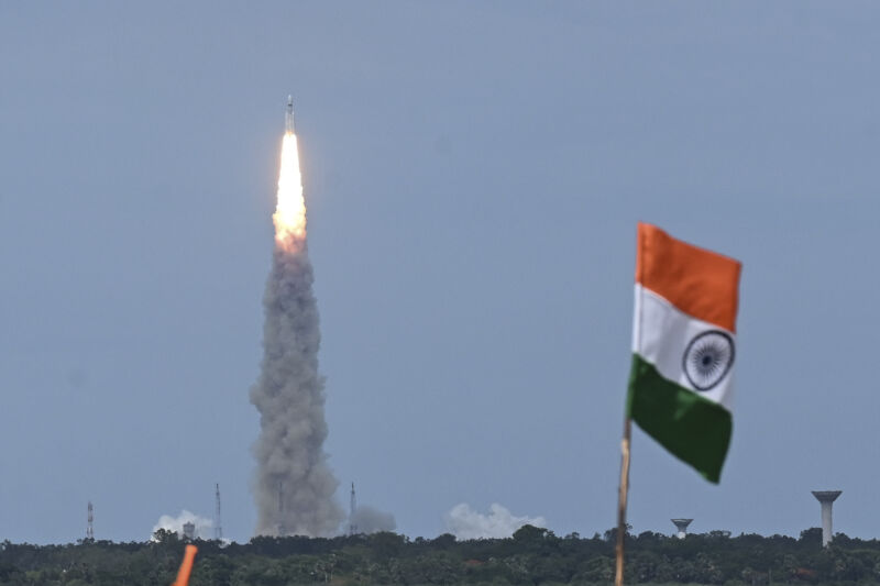 An LVM-3 rocket carrying the Chandrayaan-3 spacecraft lifts off from the Satish Dhawan Space Centre in Sriharikota on Friday.