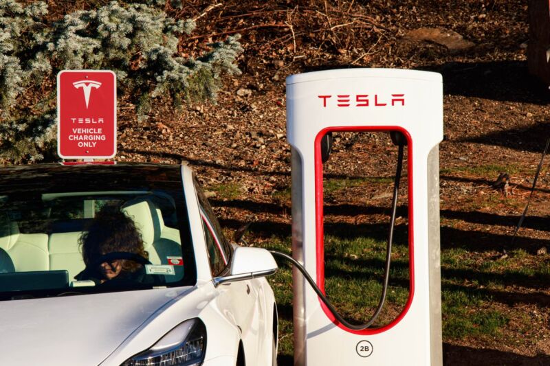 A Tesla charging station on February 18, 2023, in Union City, New Jersey. 